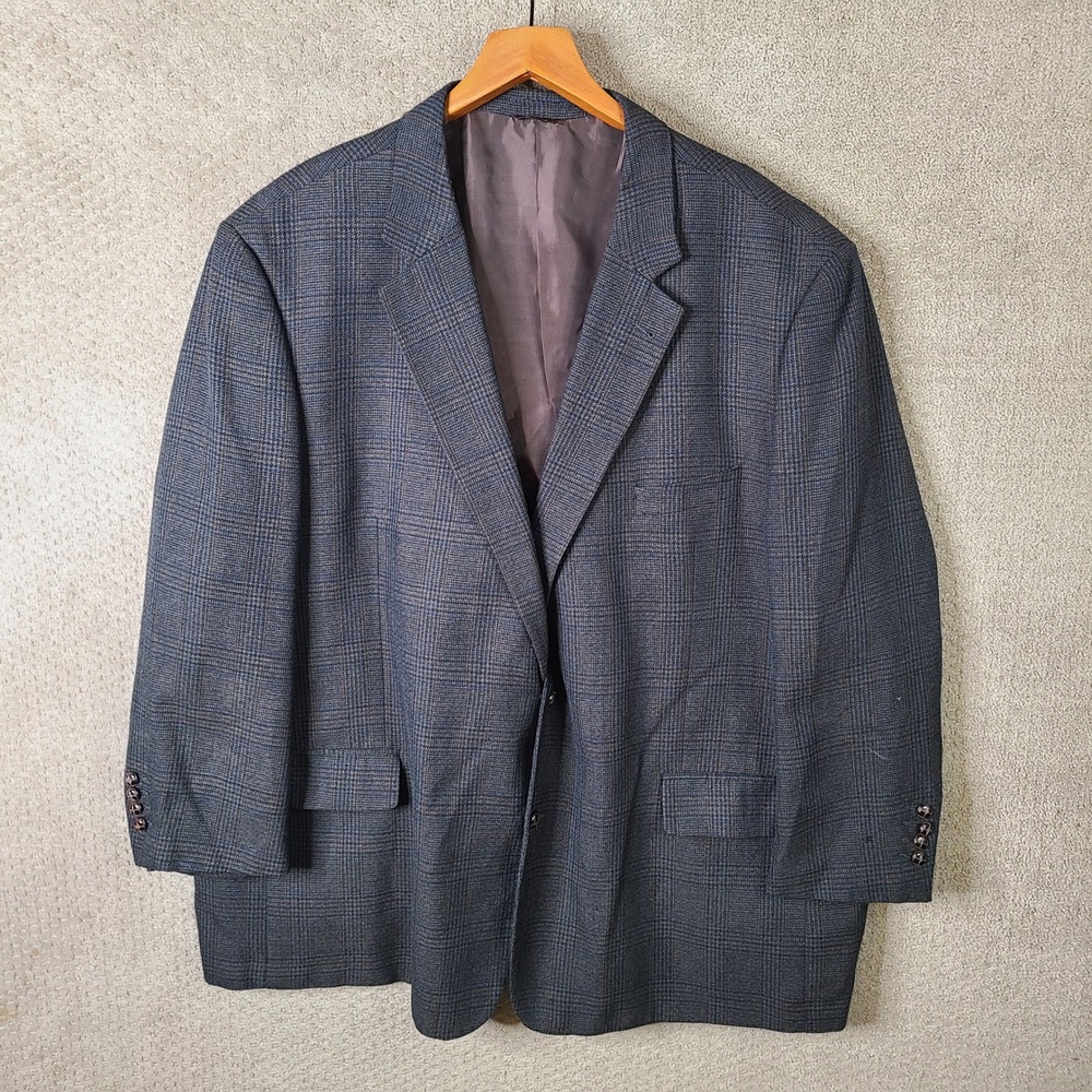 Oak Hill Jacket Mens 58R Gray Blue Plaid Two Button Sport Coat Poly Blend